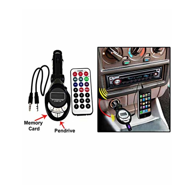 Car Mp3 FM Modulator Transmitter (With USB & Memory Card Slots & Aux Cable)