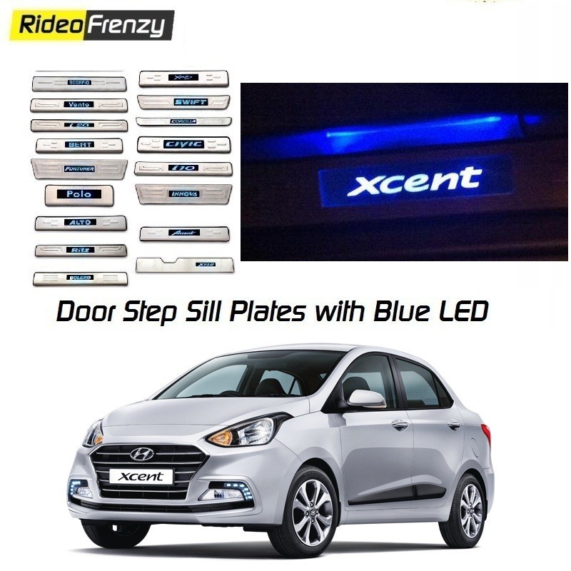 Buy Hyundai Xcent Stainless Steel Door Scuff Sill Plate with blue LED at low prices-RideoFrenzy