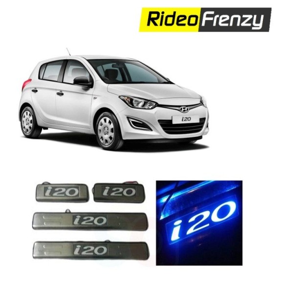 Buy Hyundai i20 Stainless Steel Door Scuff Sill Plate with blue LED at low prices-RideoFrenzy