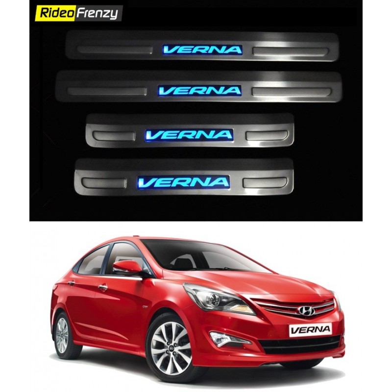 Buy Hyundai Verna Fluidic Stainless Steel Door Scuff Sill Plate with blue LED at low prices-RideoFrenzy