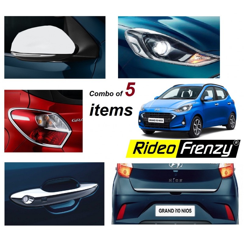 Buy Grand i10 NIOS Chrome Combo Set 5 | Headlight | Tail light | Catch cover | Mirror cover | Dickey boot