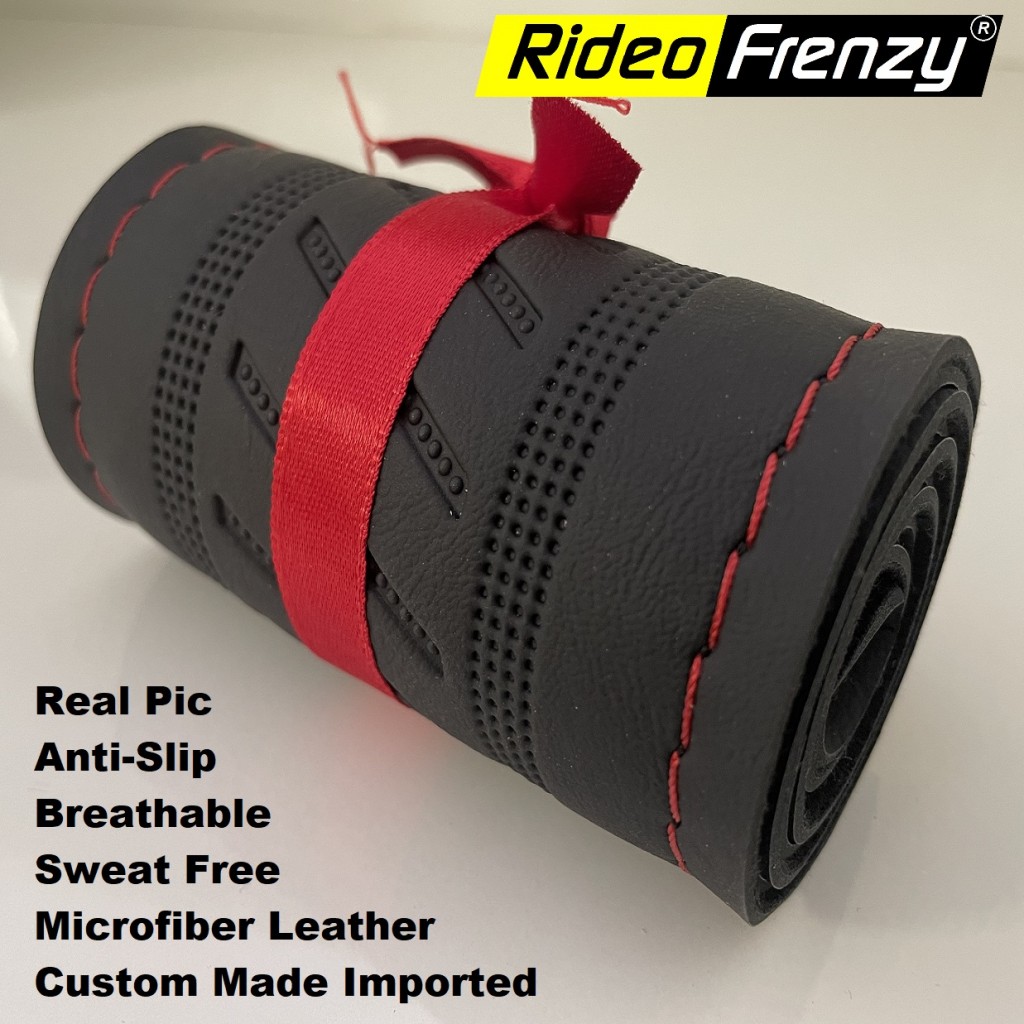 Pure leather black & red steering cover for cars