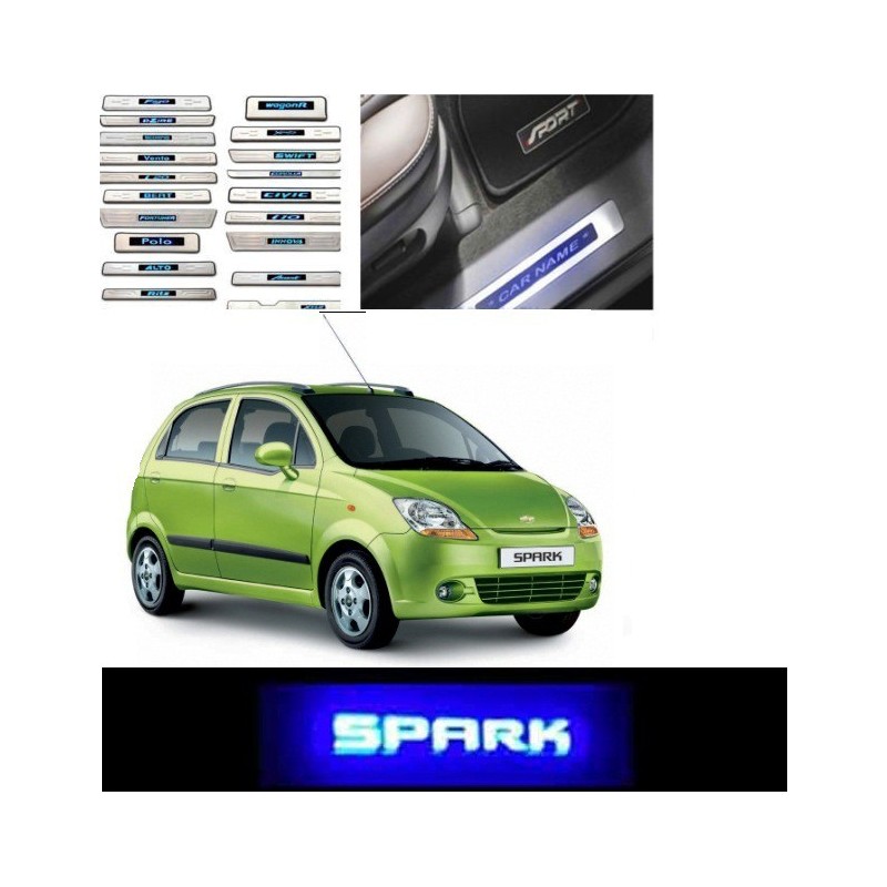 Buy Chevrolet Spark Stainless Steel Sill Plate with Blue LED online | Rideofrenzy