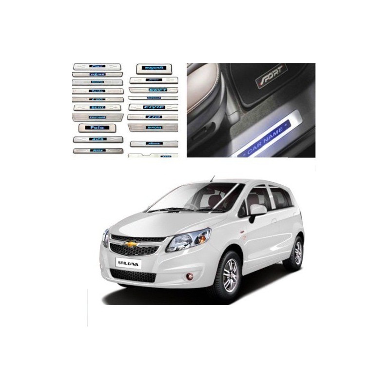 Buy Chevrolet Sail Uva Stainless Steel Sill Plate with Blue LED online | Rideofrenzy